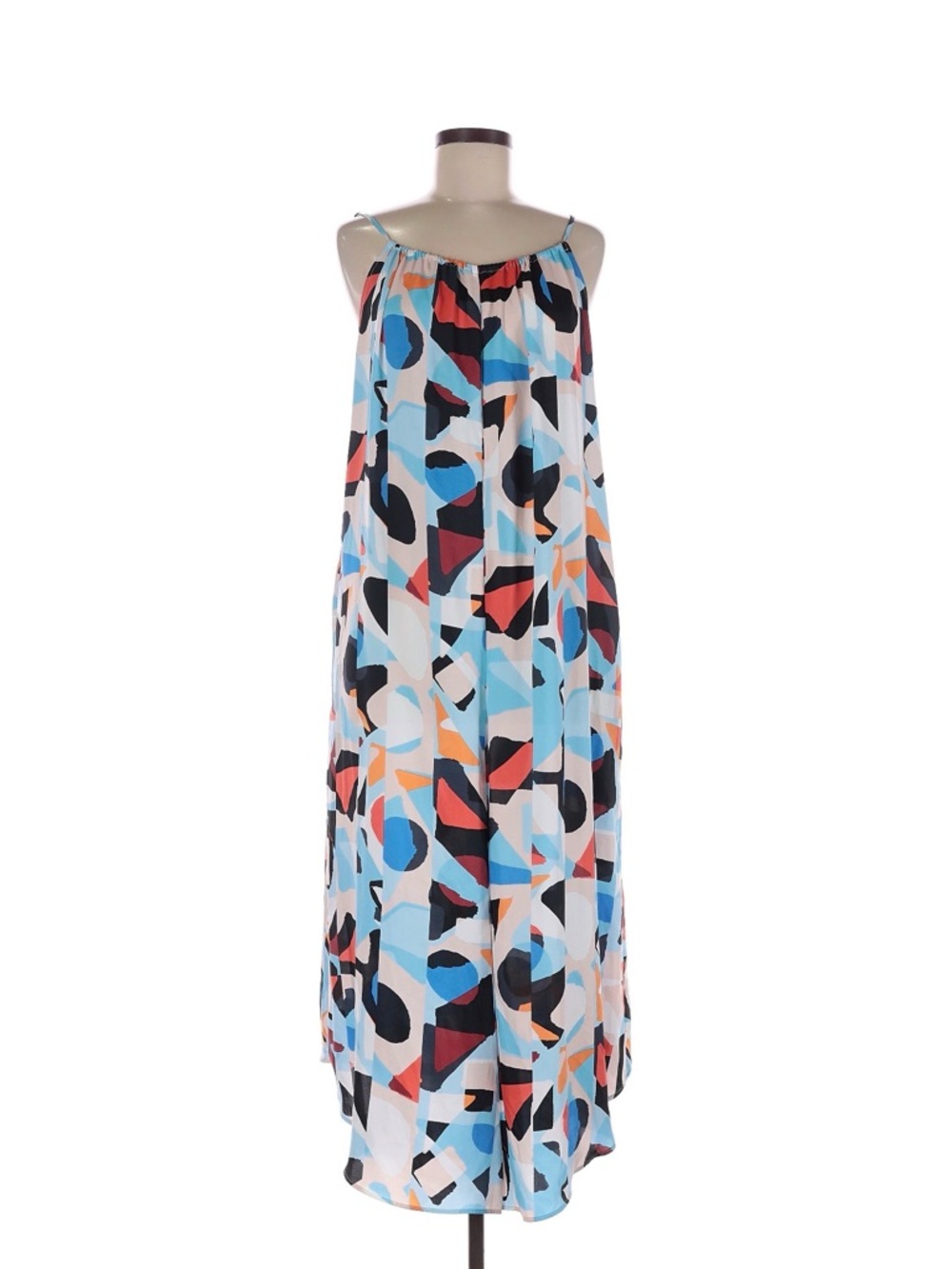 Printed Spaghetti-Strap Maxi Dress in Multi Blue